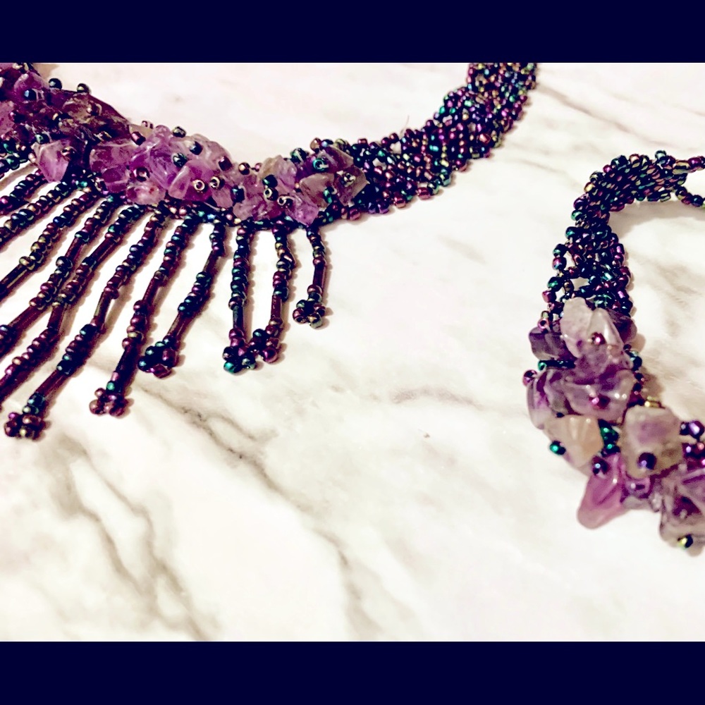 Beaded Amethyst Choker Adjustable Bracelet Set